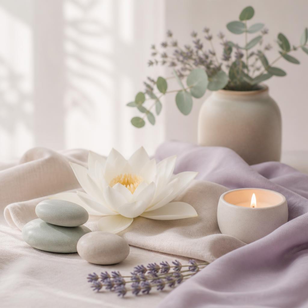 Lotus flower, smooth stones and a candle resting on soft lavender linen